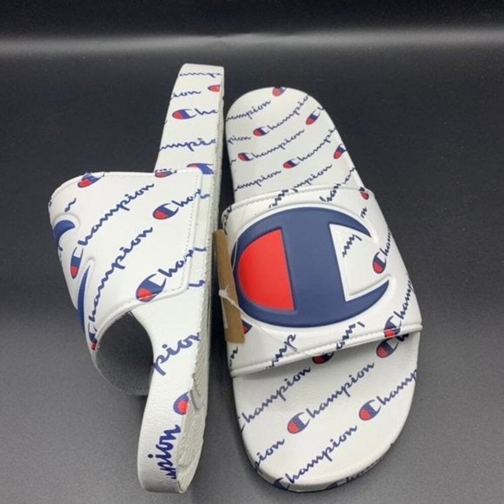 NEW Champion IPO Repeat Men's Slides Sz 11 White Logo Script Red Blue CM100080M - Picture 3 of 8
